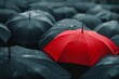 © gankevstock - Red umbrella stands out among black umbrellas in rainy weather representing individuality and contrast