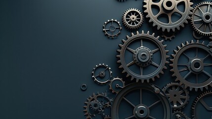 Array of metal gears on a matte dark blue background