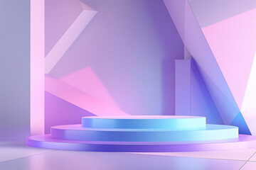 Wall Mural - A 3D render of a podium background for product display, featuring a modern and abstract design with vibrant violet, neon blue, and pastel purple colors