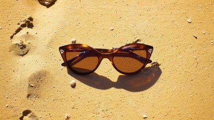 Stylish sunglasses on warm sand, sunlight casting shadows, top view, summer beach vibes