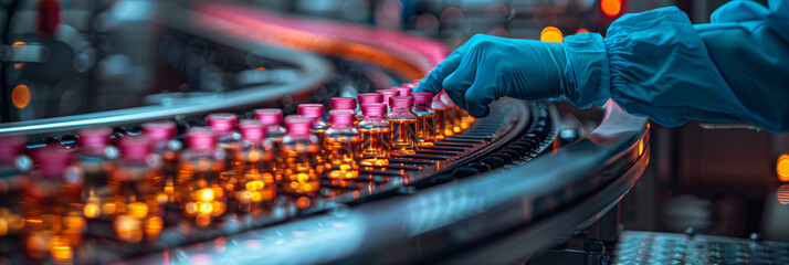 Lab scientist examining medical vials on production line conveyor belt in pharmaceutical health care factory manufacturing prescription drug medication for public sector