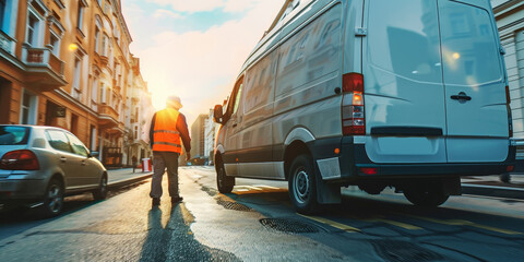 A man in a safety vest stands on the side of the road next to a white van