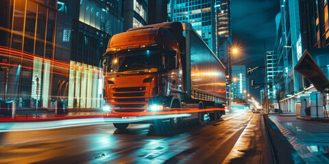 Wall Mural - A large orange semi truck is driving down a city street at night