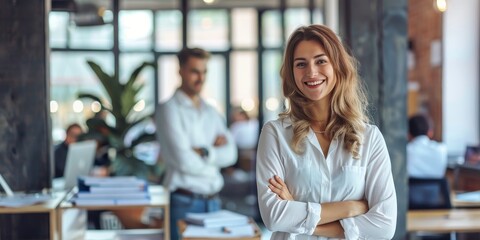 Wall Mural - A woman is standing in a room with a group of people