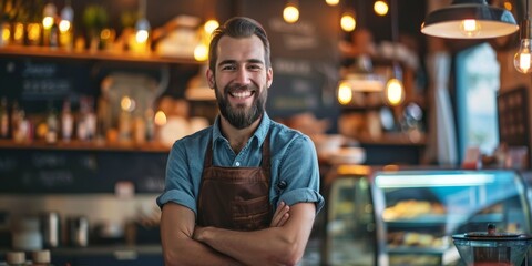 Wall Mural - A man with a beard is standing in a restaurant with a smile on his face