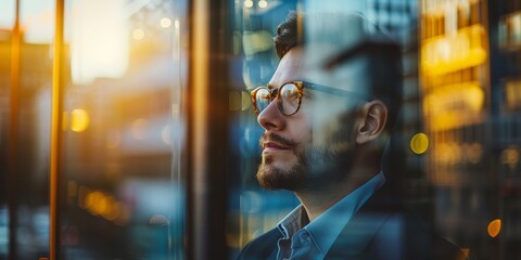 Poster - A man in glasses is looking out a window in a city