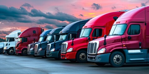 Wall Mural - A row of semi trucks are parked in a lot