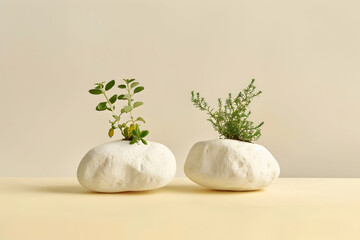 Wall Mural - Two white rocks with plants growing out of them on top of a light yellow table against a beige background in a minimalistic, product photography