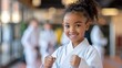 © Lens Legacy - Young girl in a karate uniform smiles brightly, showcasing her readiness and enthusiasm for martial arts in a bright, bustling dojo environment with others in the background.