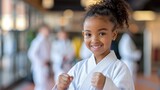 Young girl in a karate uniform smiles brightly, showcasing her readiness and enthusiasm for martial arts in a bright, bustling dojo environment with others in the background.