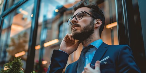 Wall Mural - A man in a suit is talking on his cell phone