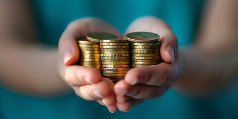 Wall Mural - A person is holding a pile of gold coins