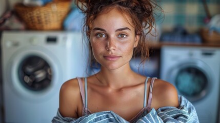 Wall Mural - A serene, freckled young woman wrapped in a shawl, standing in a modern laundry room with washing machines, capturing the calm and simplicity of home life.