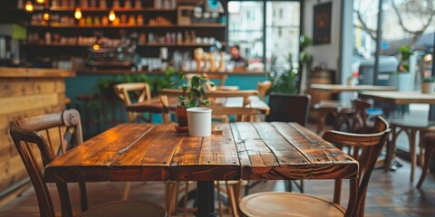 Poster - A restaurant with a wooden table and chairs