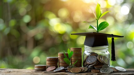 graduation cap on coins and jar with sprouting plant, symbolizing education investment and growth
