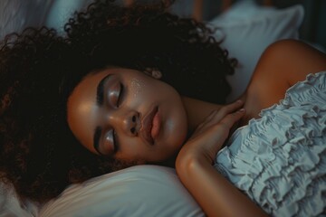 Wall Mural - A woman with curly hair sleeps peacefully in bed, bathed in the soft glow of evening light