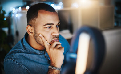 Aufkleber - Businessman, thinking and night with computer for research, project deadline or business decision at office. Man or employee working late on PC in wonder, thought or idea for online browsing at desk