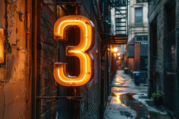 A neon sign shaped like the number three illuminates a narrow alleyway in a city. The sign casts a warm glow on the brick wall, adding a touch of vibrancy to the urban landscape