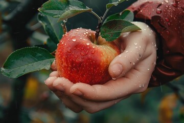 Wall Mural - A hand holds a freshly picked apple, still glistening with raindrops, in an orchard on a rainy day