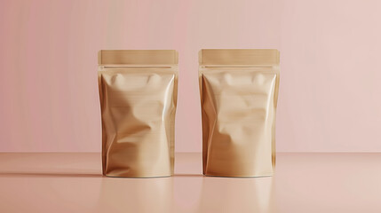 Mockup of two pale brown product paper bags with ziplock on isolated pink background. Packages are located next to each other. Clean and minimalistic design without any labels or images. Copy space.