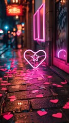 Sticker - A heart shaped neon sign on a city street