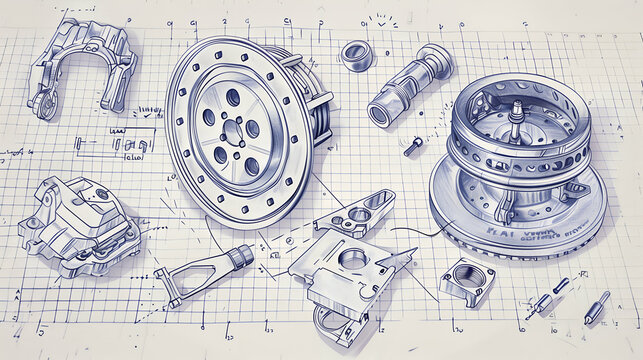 Mechanical Parts Drawing on Grid Paper.