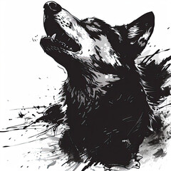 Wall Mural - A black and white drawing of a wolf with its mouth open
