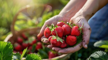 Canvas Print - The hands holding fresh strawberries