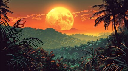 Vivid Sunset Over Tropical Jungle with Full Moon. A Stunning Landscape