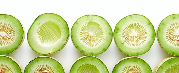 honeydew melon fruit are in neat rows and top view