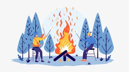 Illustration of two people roasting marshmallows over a campfire in a forest setting with trees and a peaceful outdoor atmosphere.