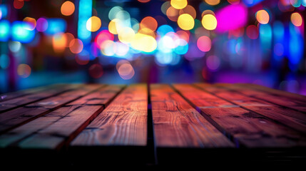 Wall Mural - empty wooden table with neon light bokeh effect background