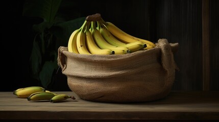 Wall Mural - Still Life of Ripe Yellow Bananas in a Rustic Burlap Sack on a Wooden Table. Concepts. Healthy Eating, Tropical Fruit, Potassium Rich Food