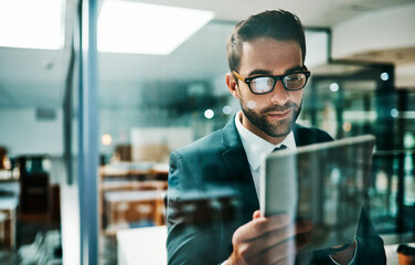 Poster - Reading, tablet and businessman in office for research, thinking and connectivity in workplace. Lawyer, man and website on internet with reflection, evidence review and online consult in law firm