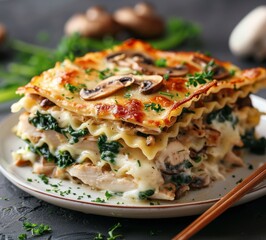 Wall Mural - Creamy Spinach, Chicken, and Mushroom Lasagna With Sesame Seeds and Thyme