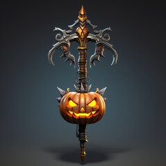 Wall Mural - Halloween Pumpkin Weapon. 3D Render of a Spooky, Fantasy Battle Axe