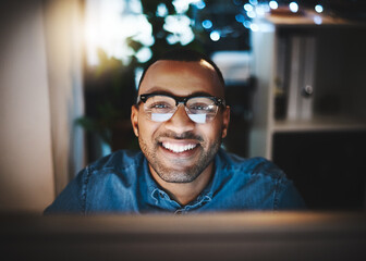 Wall Mural - Black man, glasses and portrait on computer in home for remote work as IT specialist or consultant and freelancer. Employee, small business and happy or proud with website design and development