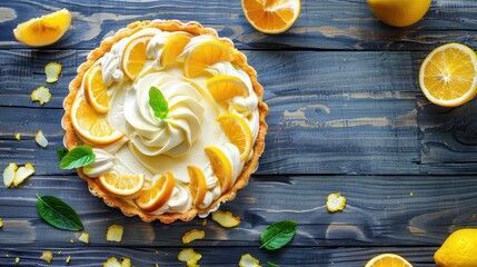 Wall Mural - Tartlet with lemon cream and citrus chips on wooden table top view