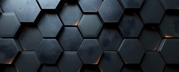 Wall Mural - 3d render of dark black hexagon pattern background, abstract wallpaper with geometric shapes and texture