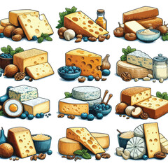 Wall Mural - Attractive vector illustration of a collection of different pieces of cheese on a white background