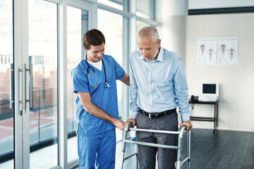 Canvas Print - Nurse, therapist and man with walker for support, patient rehabilitation and balance training for recovery process. Healthcare, caregiver and physiotherapy for mobility, walking and physical therapy.