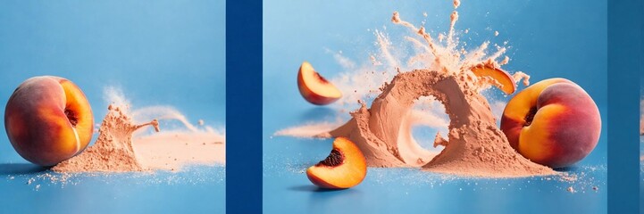 abstract peach powder splash design on blue backgr