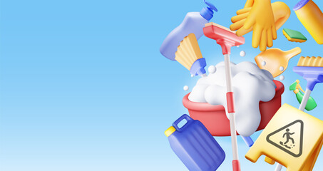 Leinwandbilder - 3D set of home cleaning tools isolated. Render collection of accessories for washing dishes and house cleaning. Bottle of detergent, soap gloves. Bucket, brush sponge. Vector illustration