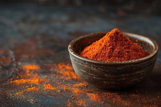 Bowl of Ground Red Chili Powder on Dark Rustic Background
