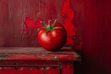 Wall Mural - Single Tomato Against Red Textured Background