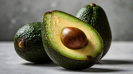 A pristine, close-up shot of two ripe avocado halves on a minimalist white background, showcasing the vibrant green flesh and the smooth, dark skin in natural light