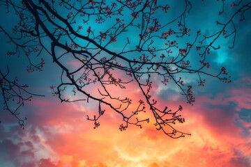 Poster - Vibrant Sky and Tree Silhouette with Blossoms at Sunset