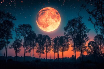 Canvas Print - Stunning Harvest Moon Over Tranquil Forest