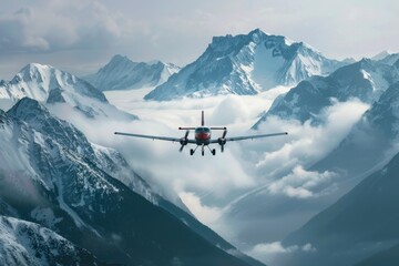 Wall Mural - Airplane Flying Over Snowy Mountains