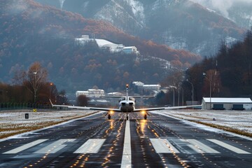 Poster - Small Plane on Snowy Runway in Scenic Mountain Landscape